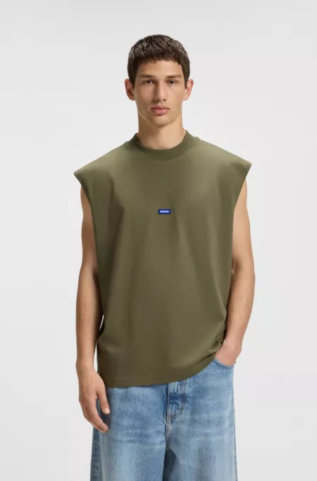 Sleeveless cotton-jersey T-shirt with blue logo label