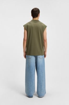 Sleeveless T-shirt in cotton jersey with logo patch, Olive