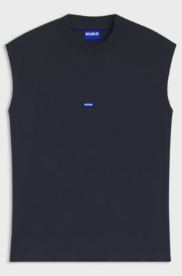 Sleeveless cotton T-shirt with logo patch, Dark Blue