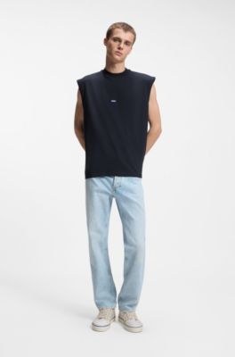 Sleeveless cotton T-shirt with logo patch, Dark Blue
