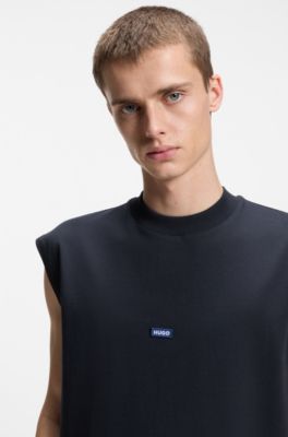 Sleeveless cotton T-shirt with logo patch, Dark Blue