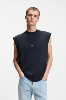 Sleeveless cotton T-shirt with logo patch, Dark Blue