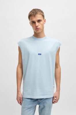 Sleeveless T-shirt in cotton jersey with logo patch, Light Blue