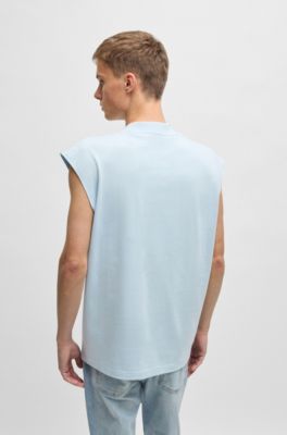 Sleeveless T-shirt in cotton jersey with logo patch, Light Blue