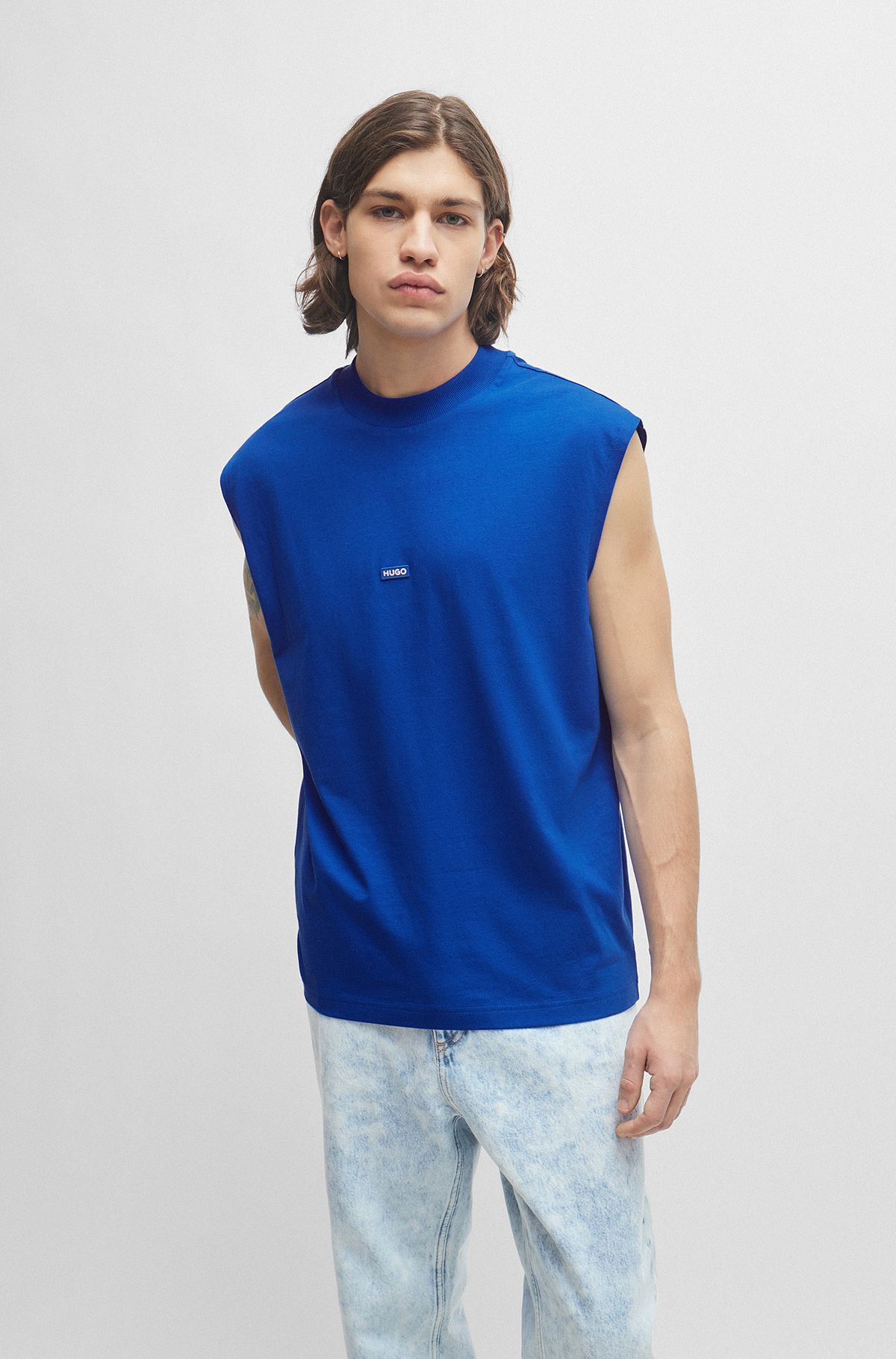 Sleeveless cotton-jersey T-shirt with blue logo label , Blue
