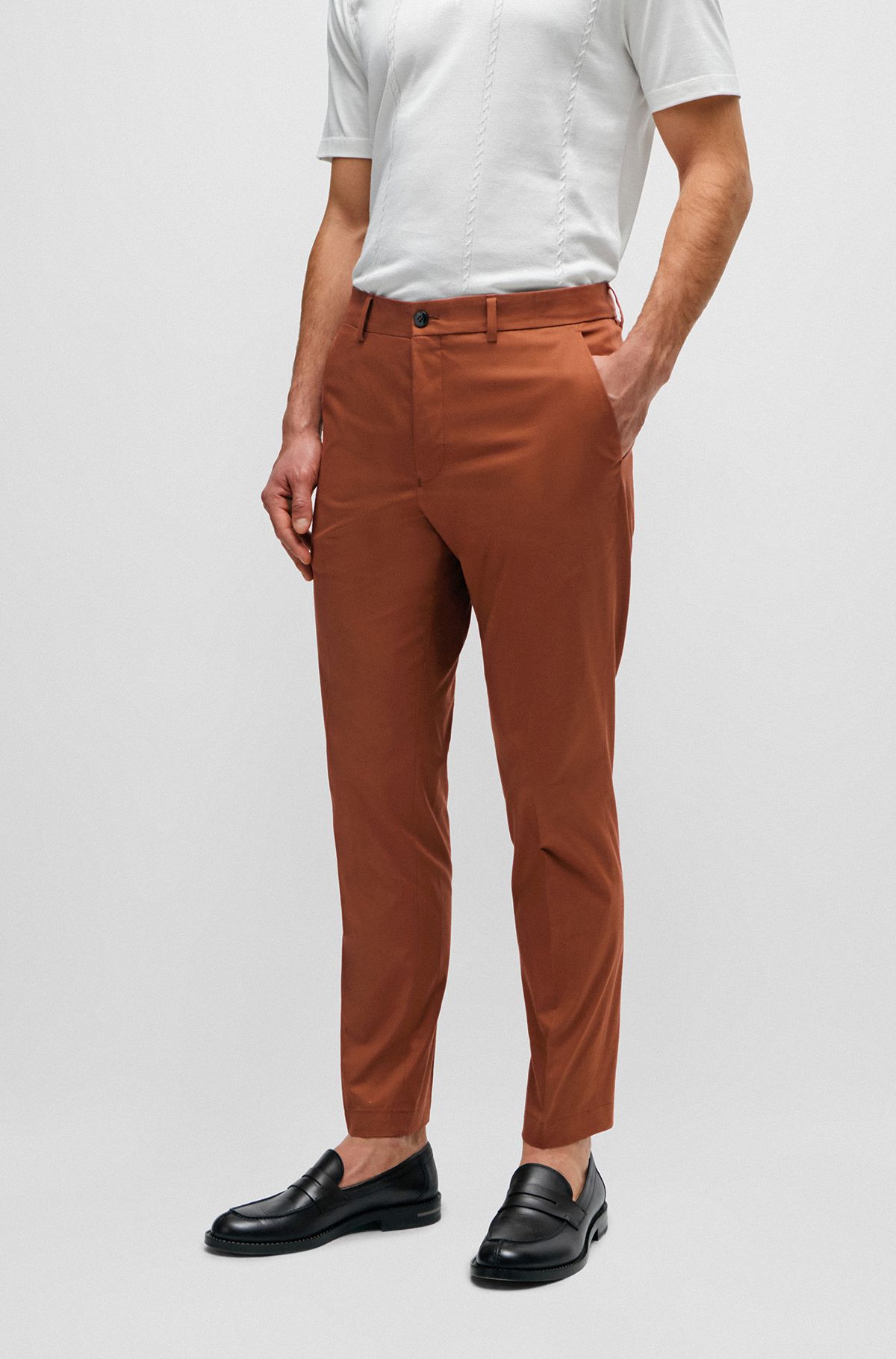 Slim-fit trousers in stretch cotton with silk, Brown