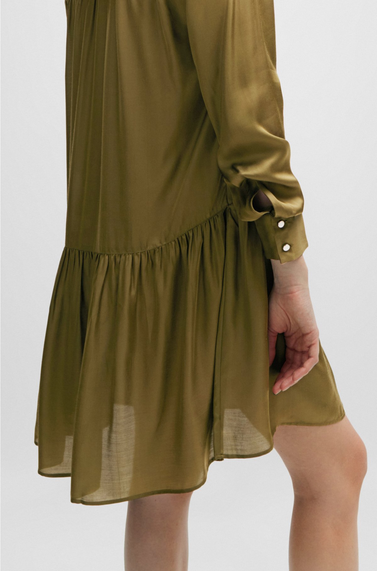 Regular-fit dress with volant hemline and keyhole closure, Dark Green