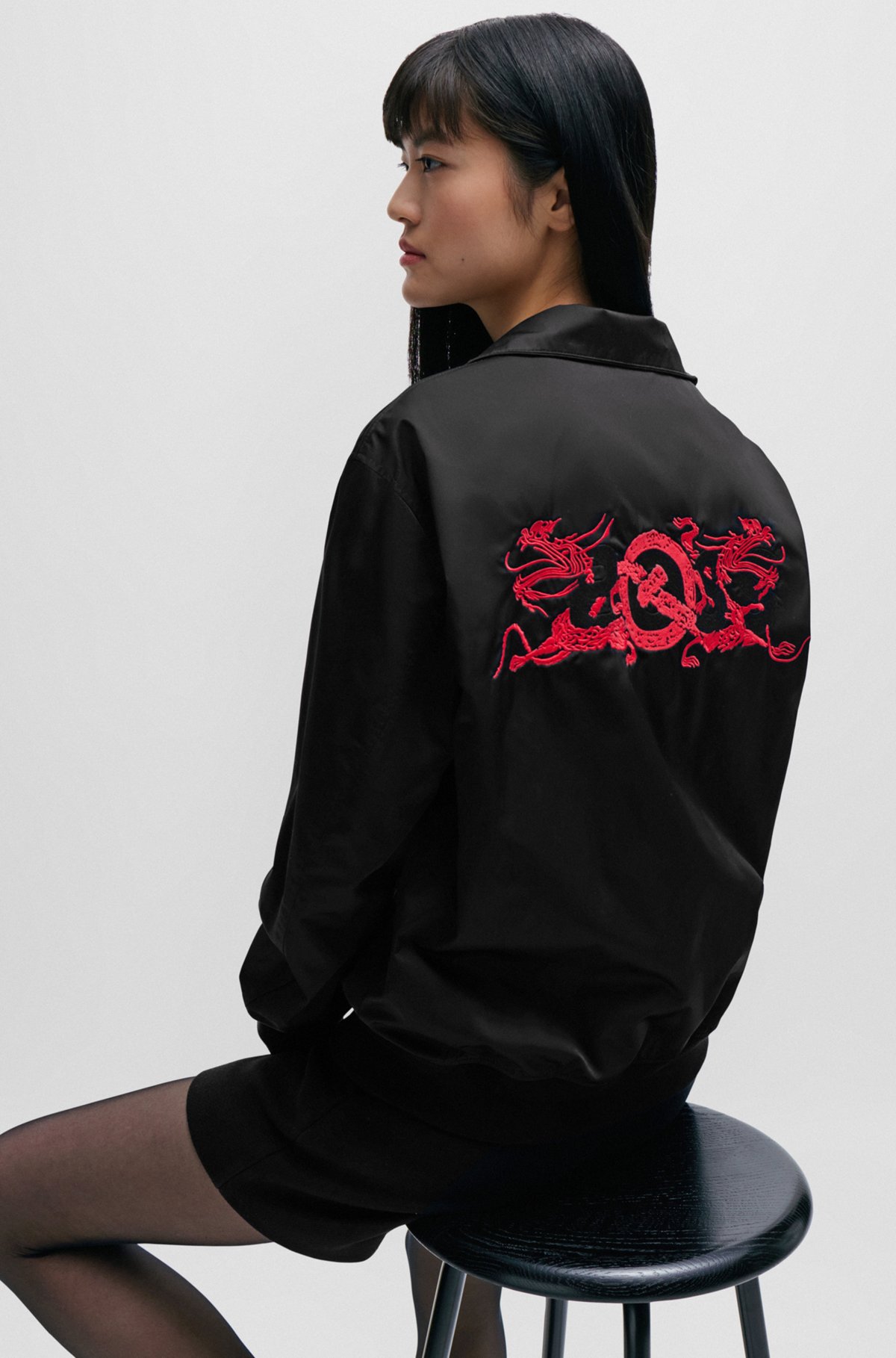 Satin jacket in a regular fit with special artwork, Black