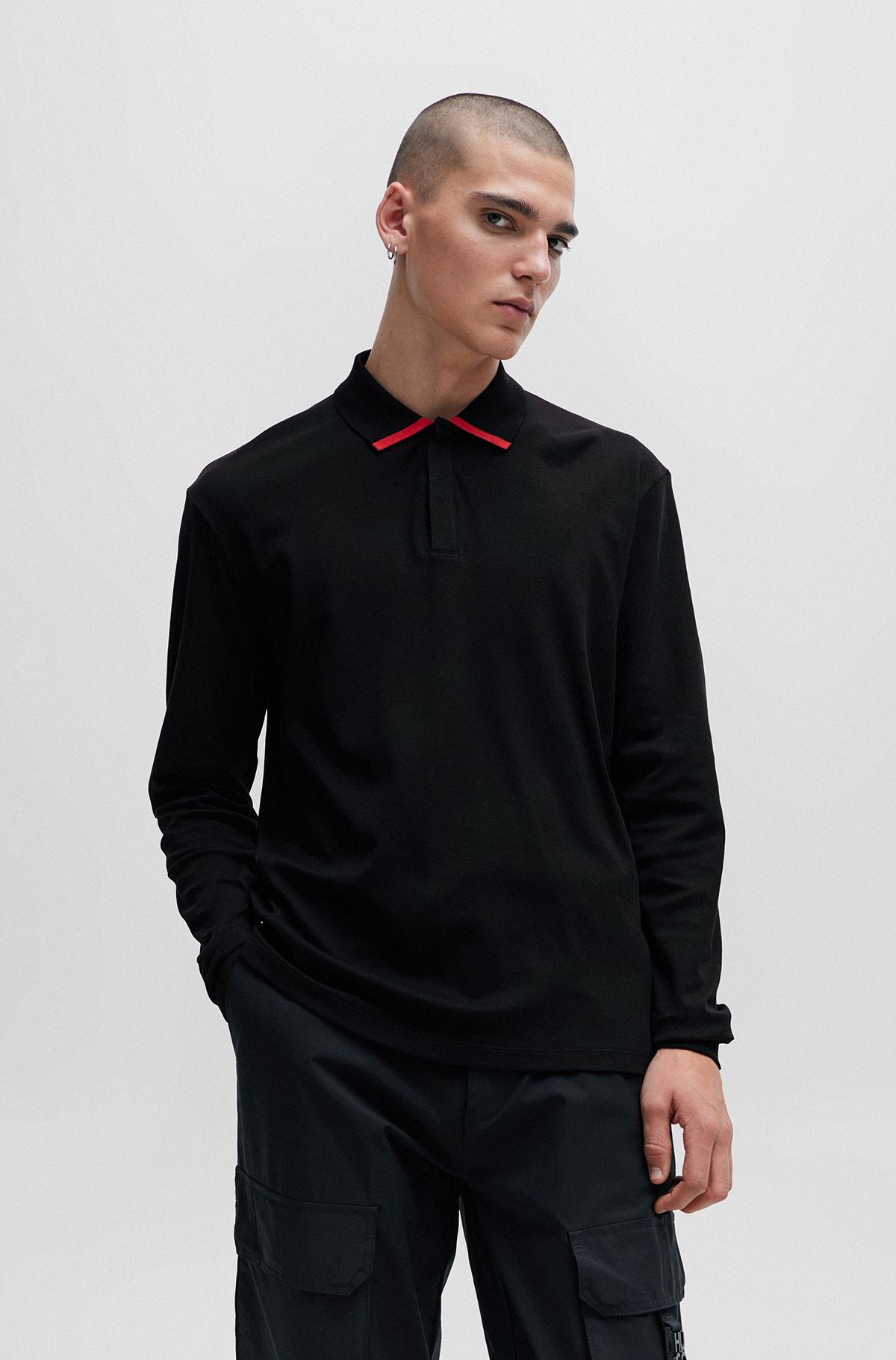 Cotton-jersey polo shirt with piped collar, Black