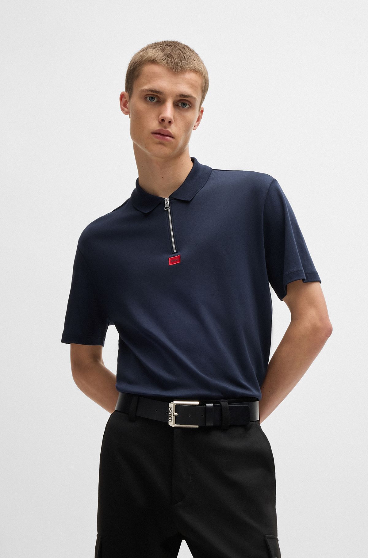 Cotton-jersey polo shirt with logo label, Dark Blue