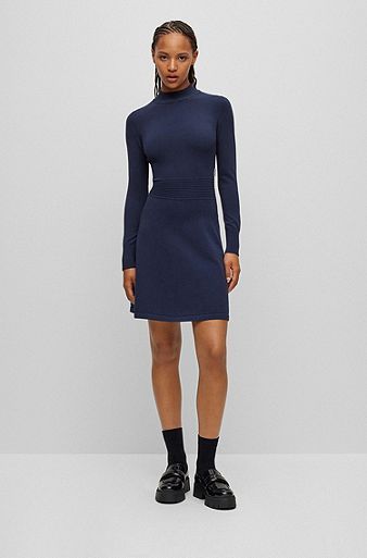 Long-sleeved knitted dress in comfort-stretch material, Dark Blue