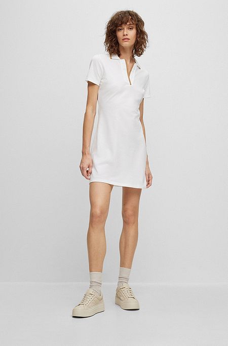Stretch-cotton dress with Johnny collar, White