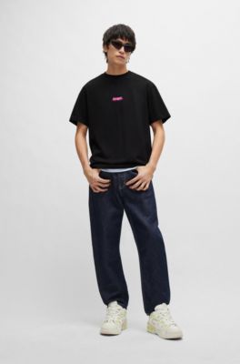 Cotton-jersey relaxed-fit T-shirt with double logo, Black
