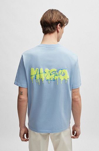 Cotton-jersey relaxed-fit T-shirt with double logo, Light Blue
