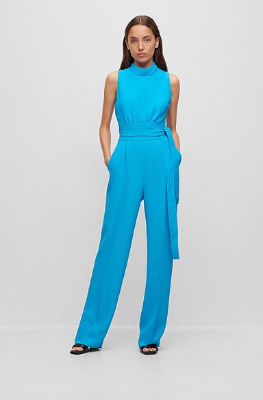 Sleeveless jumpsuit with mock neckline in regular fit, Turquoise