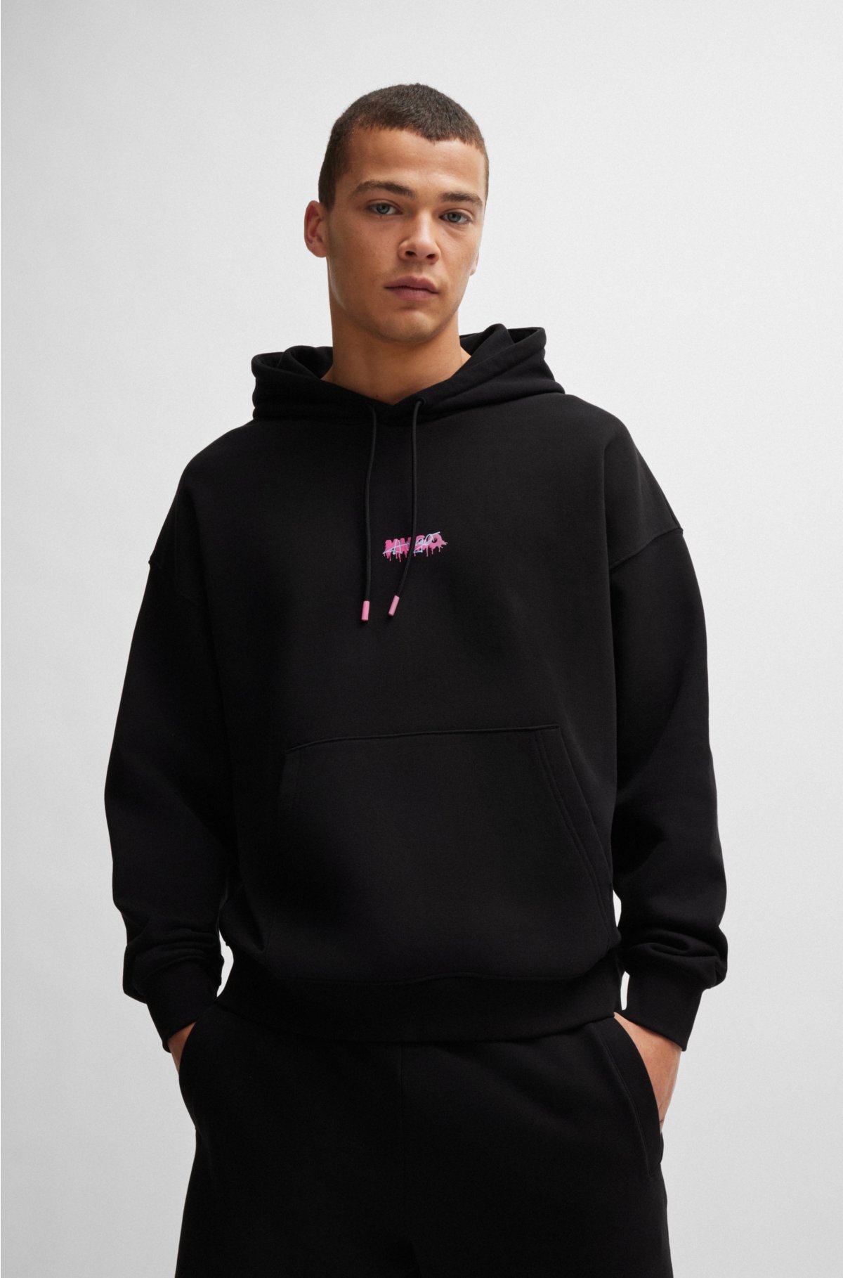 Cotton-terry oversized-fit hoodie with seasonal logos, Black