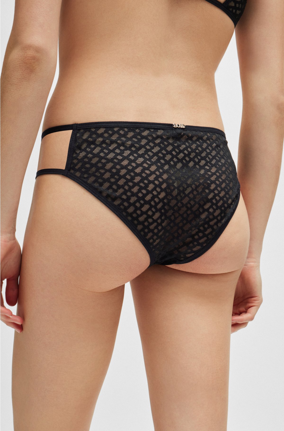 Monogram-lace briefs with gold-metal branding, Black