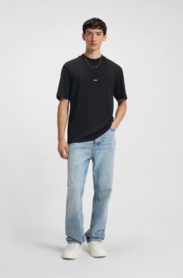 Cotton-jersey T-shirt with blue logo patch, Black