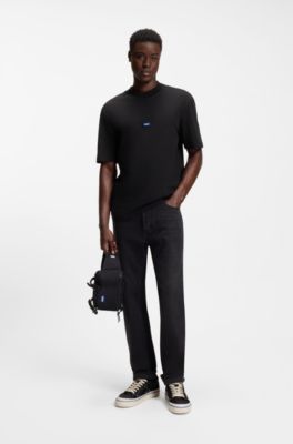 Ribbed-neck cotton T-shirt with logo badge, Black