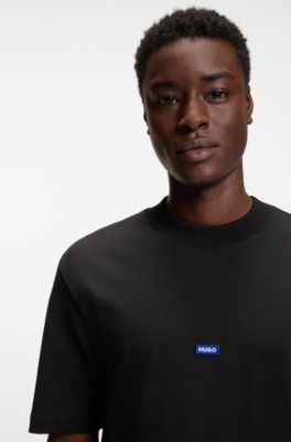 Ribbed-neck cotton T-shirt with logo badge, Black