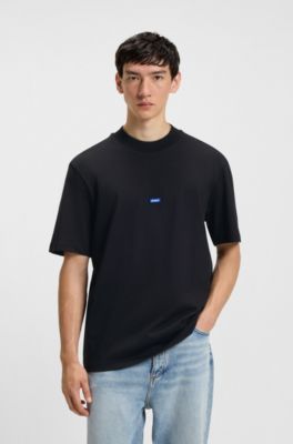 Cotton-jersey T-shirt with blue logo patch, Black