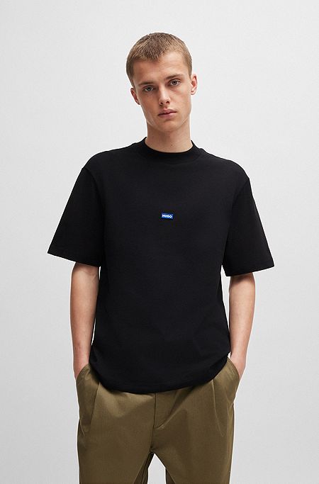 Cotton-jersey T-shirt with blue logo patch, Black