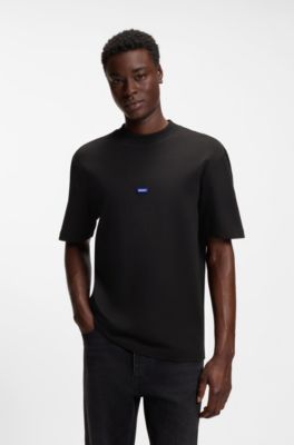 Ribbed-neck cotton T-shirt with logo badge, Black