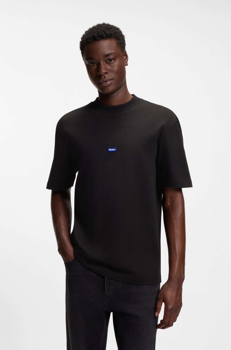 Ribbed-neck cotton T-shirt with logo badge