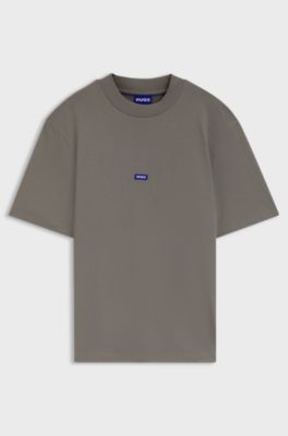 Ribbed-neck cotton T-shirt with logo badge, Grey