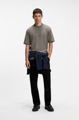 Ribbed-neck cotton T-shirt with logo badge, Grey