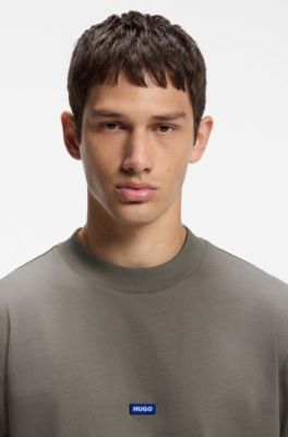 Ribbed-neck cotton T-shirt with logo badge, Grey