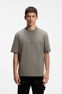 Ribbed-neck cotton T-shirt with logo badge, Grey