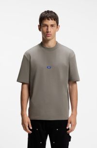 Ribbed-neck cotton T-shirt with logo badge, Grey