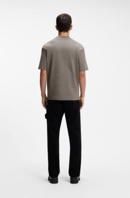Ribbed-neck cotton T-shirt with logo badge, Grey