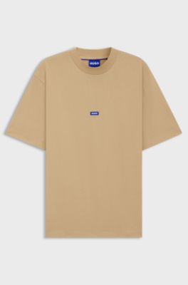 Ribbed-neck cotton T-shirt with logo badge, Beige