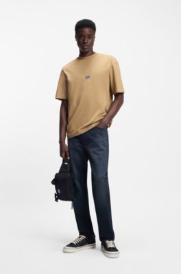 Ribbed-neck cotton T-shirt with logo badge, Beige