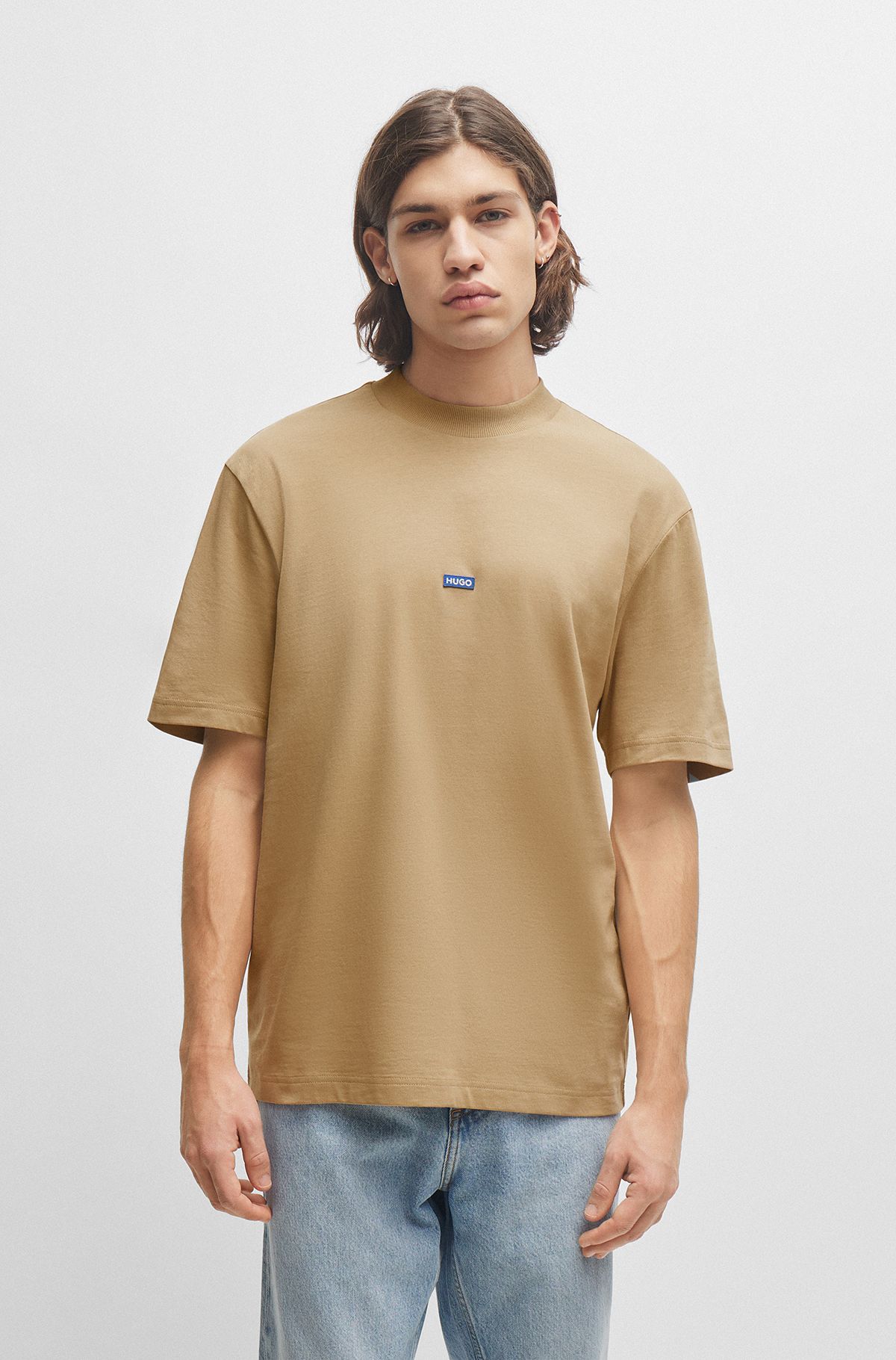 Cotton-jersey T-shirt with blue logo patch, Beige