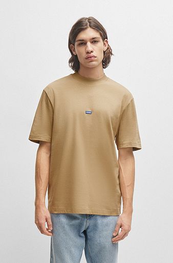 Cotton-jersey T-shirt with blue logo patch, Beige