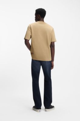 Ribbed-neck cotton T-shirt with logo badge, Beige