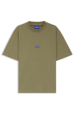 T-Shirt aus Baumwoll-Jersey mit blauem Logo-Aufn&auml;her, Olive