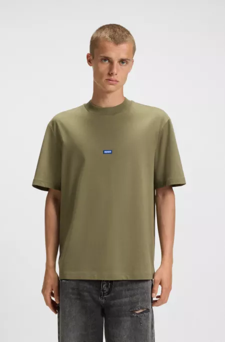 Regular-fit cotton-jersey T-shirt with blue logo patch