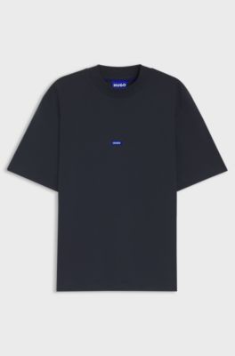 Ribbed-neck cotton T-shirt with logo badge, Dark Blue