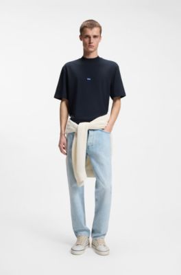 Ribbed-neck cotton T-shirt with logo badge, Dark Blue