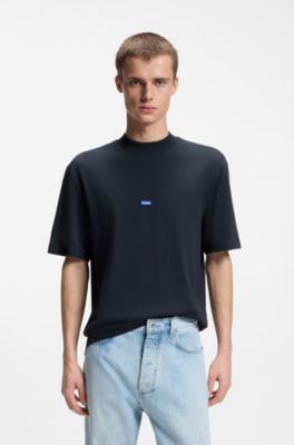 Ribbed-neck cotton T-shirt with logo badge, Dark Blue