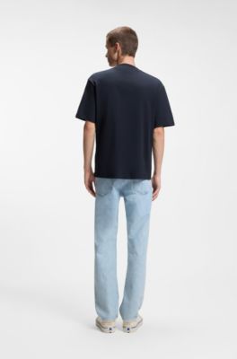 Ribbed-neck cotton T-shirt with logo badge, Dark Blue