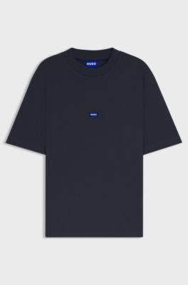 Ribbed-neck cotton T-shirt with logo badge, Dark Blue