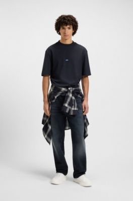 Ribbed-neck cotton T-shirt with logo badge, Dark Blue