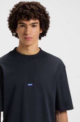 Ribbed-neck cotton T-shirt with logo badge, Dark Blue
