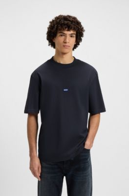 Ribbed-neck cotton T-shirt with logo badge, Dark Blue