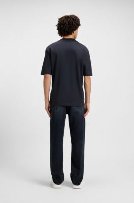 Ribbed-neck cotton T-shirt with logo badge, Dark Blue